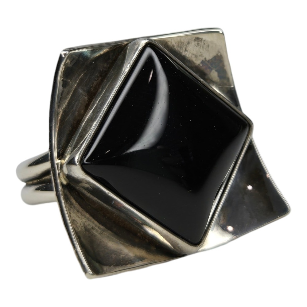 Vintage Modernist Ring Size 10.5 Black Onyx Sterling Silver 925 Geometric Square